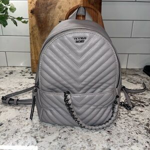 Victoria’s Secret Grey Quilted Mini Backpack Bag Chain Accents Pre-Owned